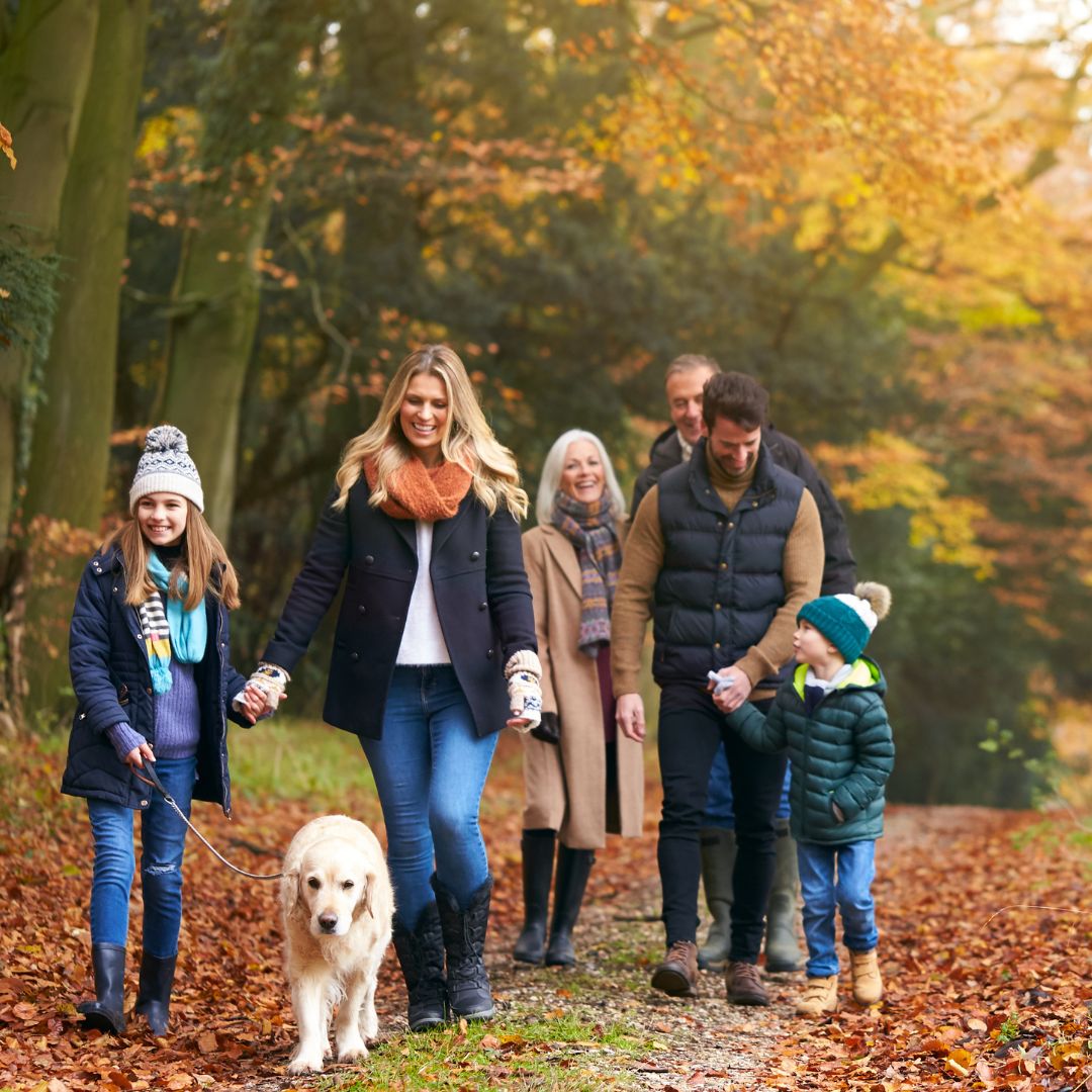 family walking on wooded path