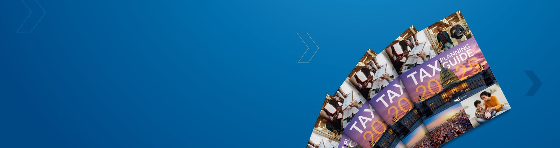 A blue background with copies of the 2025 tax guide splayed out in the bottom right corner