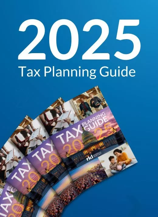 A blue background with "2025 Tax Planning Guide" in white on the top and images of the 2025 tax guide splayed across the bottom
