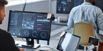 A man sits at a computer looking at the screen, which is filled with numbers and graphs and different things that would be on the screen of an information technology professional. There is another man in the background siting at a desk with a computer on it, looking at similar things on his screen.