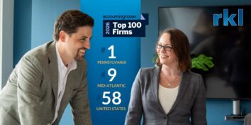 Accounting Today Top 100 Firms Logo and photo of man and woman smiling in an office