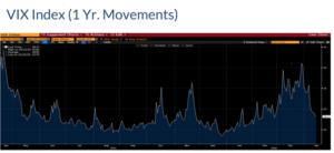 A graph showing the VIX Index one year movement
