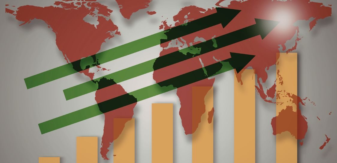 a map of the world with a bar chart overlaying it and green arrows following the growing bars to show positive movement