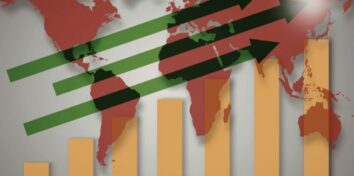 a map of the world with a bar chart overlaying it and green arrows following the growing bars to show positive movement