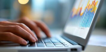 A pair of hands types on a laptop keyboard with a graph on the screen