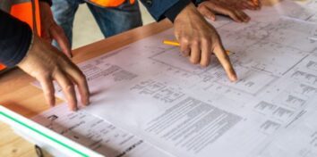 Construction professionals in safety vests review building plans at a worktable.