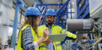 Two manufacturing professionals wearing hard hats and high-visibility jackets review a tablet beside industrial equipment on a factory floor.