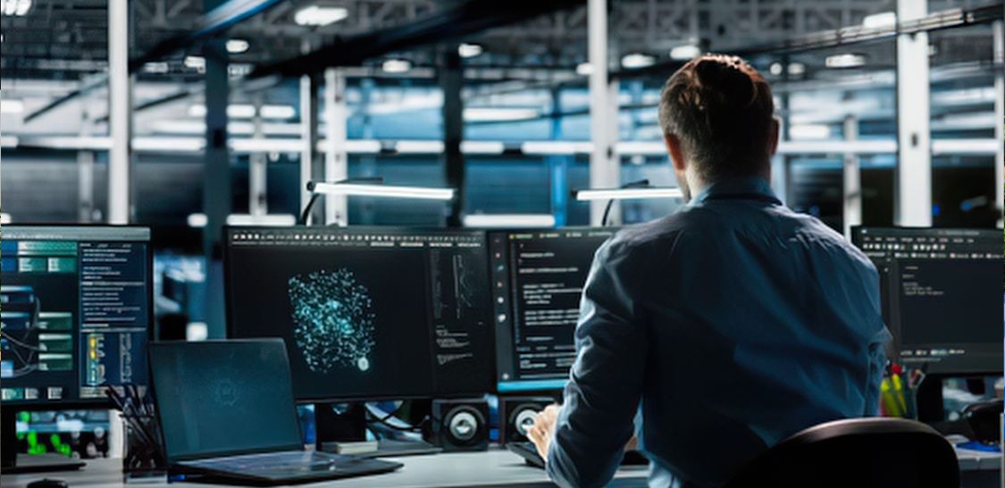 Cybersecurity professional monitors multiple screens displaying network data and security analytics in a modern operations center.Cybersecurity professional monitors multiple screens displaying network data and security analytics in a modern operations center.